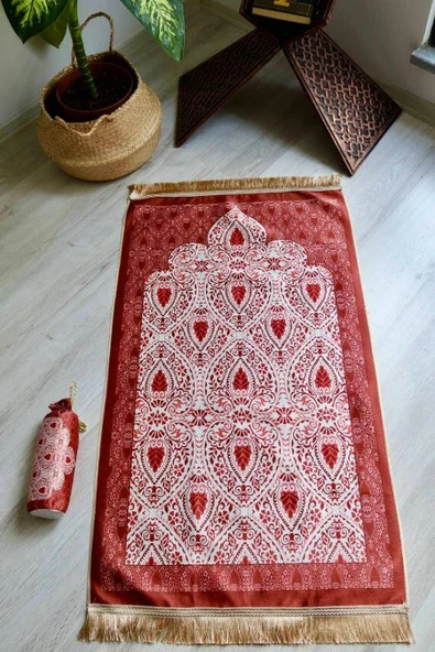 Rumi Desenli İpek Dokulu Keseli Seccade Kırmızı Renk - Resim 2