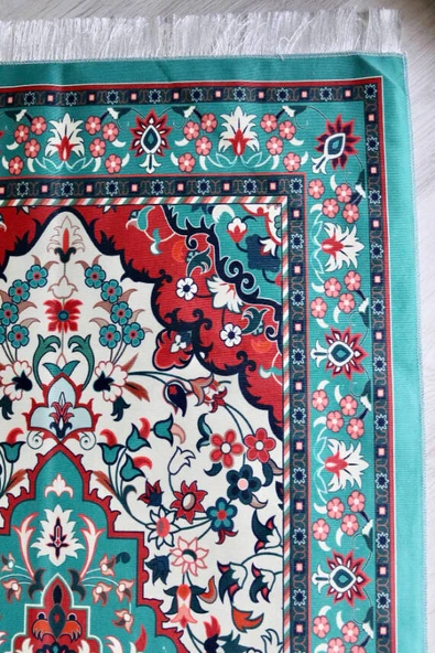 Kilim Desenli İpek Dokulu Keseli Seccade Yeşil - Resim 2