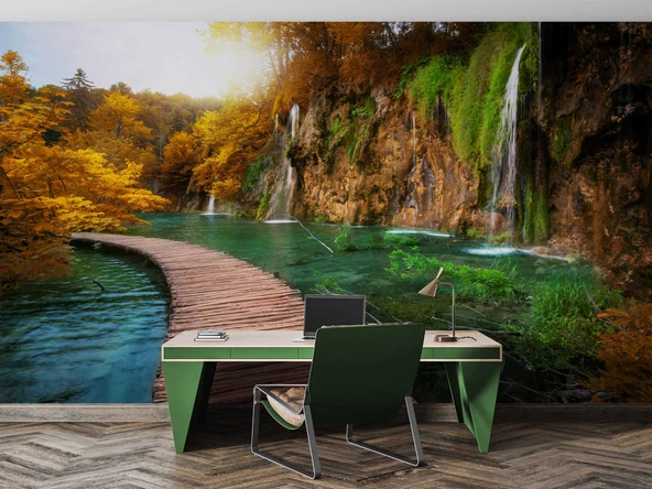 Orman, Şelale, Göl, Sonbahar Manzara Duvar Kağıdı Baskı - Resim 4