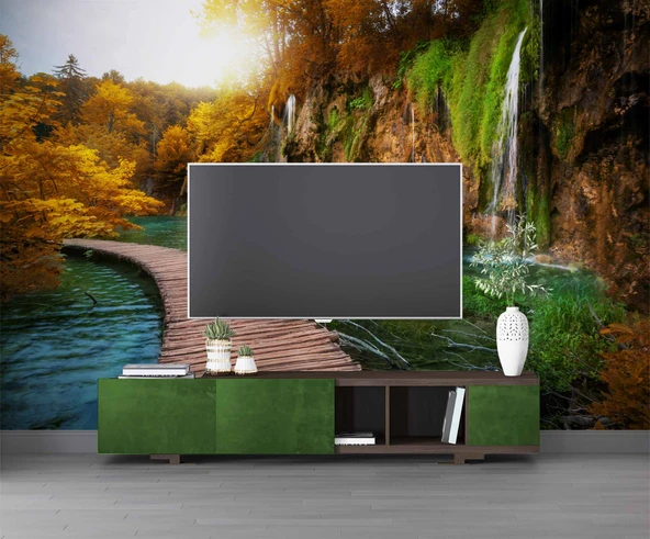 Orman, Şelale, Göl, Sonbahar Manzara Duvar Kağıdı Baskı - Resim 3