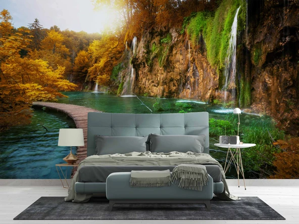 Orman, Şelale, Göl, Sonbahar Manzara Duvar Kağıdı Baskı - Resim 2