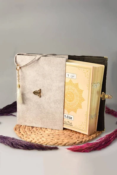 Askı Çantalı 30 Cüz Kuran Seti Rahle Boy Krem Renk - Resim 3