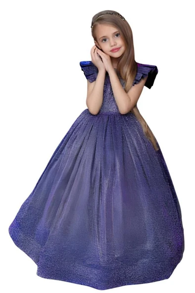 Kız Çocuk Omuzları Fırfır Detaylı Üzeri Simli Pırıltılı Gece Mavisi Abiye ürün görseli