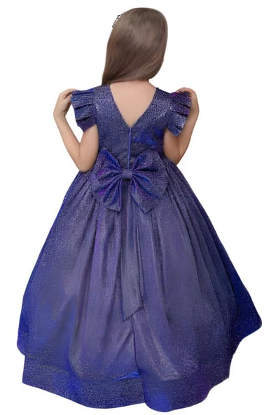 Kız Çocuk Omuzları Fırfır Detaylı Üzeri Simli Pırıltılı Gece Mavisi Abiye - Resim 2