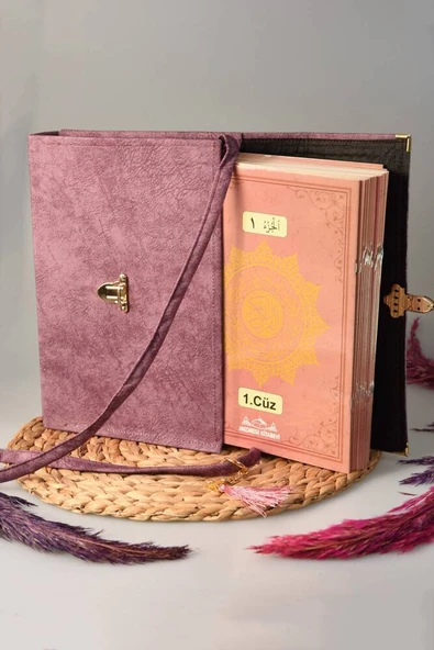 Askı Çantalı 30 Cüz Kuran Seti Rahle Boy Lila Renk - Resim 3