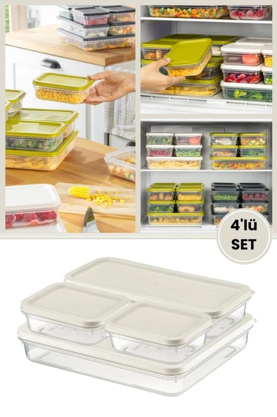 Flora 4’lü Dondurucu Saklama Kabı Seti, Buzdolabı Difriz Erzak Gıda Düzenleyici Set (2600,1200,500,500ml)