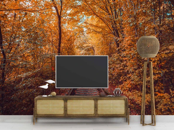 Sonbahar Demir yolu Tren Manzara Duvar Kağıdı Baskı - Resim 3