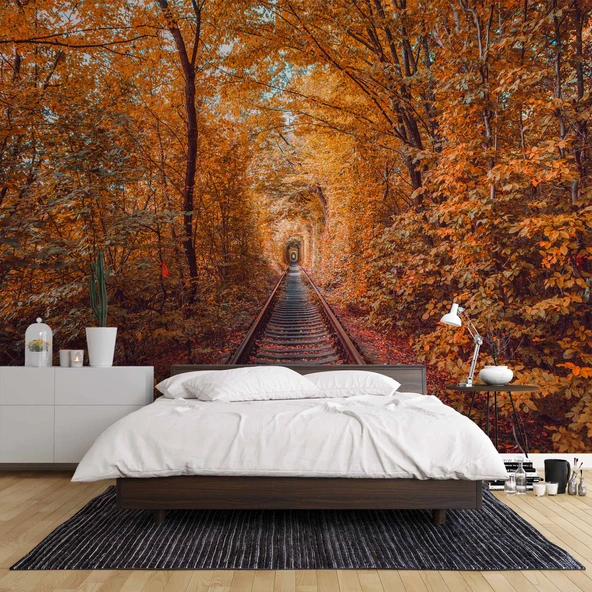 Sonbahar Demir yolu Tren Manzara Duvar Kağıdı Baskı - Resim 2