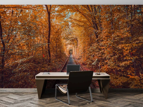 Sonbahar Demir yolu Tren Manzara Duvar Kağıdı Baskı - Resim 4