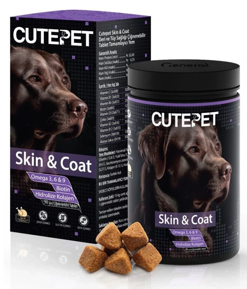 Cutepet Skin&Coat Köpekler İçin Deri ve Tüy Sağlığını Destekleyen Ödül Maması Formunda Tablet (90 Adet)