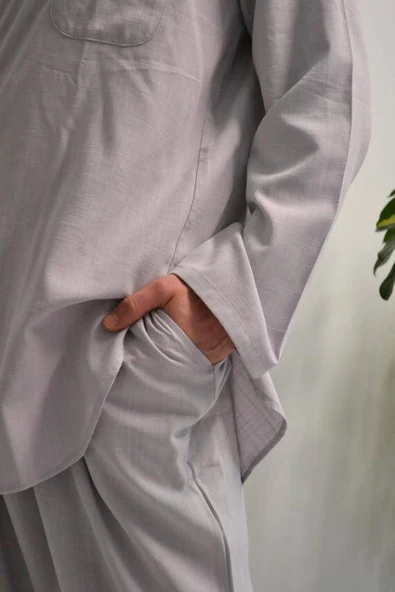 Afgan Model Pamuklu Keten Erkek Takım Gri– Rahat Kalıp - Resim 2