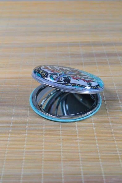 Cep Çanta Aynası, Makyaj Aynası Etnik Desenli Yuvarlak 7x7cm - Resim 4