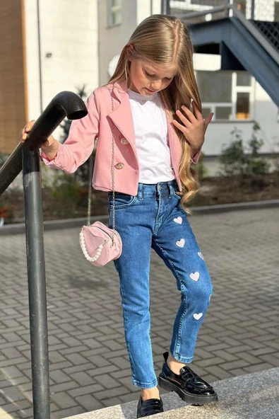Kız Çocuk Gümüş Düğme Detaylı Pudra Blazer Ceket Kalp Detaylı Jean Pantolon Alt Üst Takım 2251205016 - 4