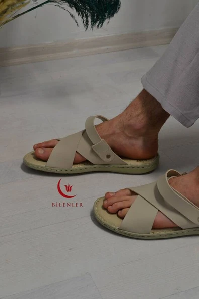 Erkek Çapraz Model Yumuşak Taban Sandalet Bej–Hac Umre ve Günlük Kullanıma Uygun - Resim 3