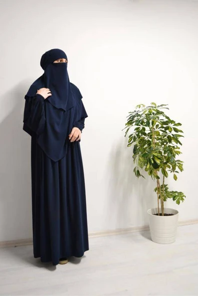 Medine İpeği Elbise- Sufle ve Peçe Takım Üç Parça Set Lacivert - Resim 4