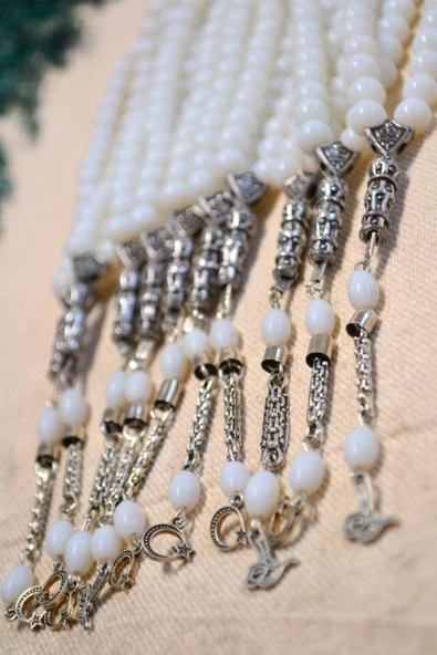 Taş 33lü Erkek Tesbihi Beyaz 10 Adet (İmameli - 23 cm, İmamesiz - 13 cm) - Resim 3