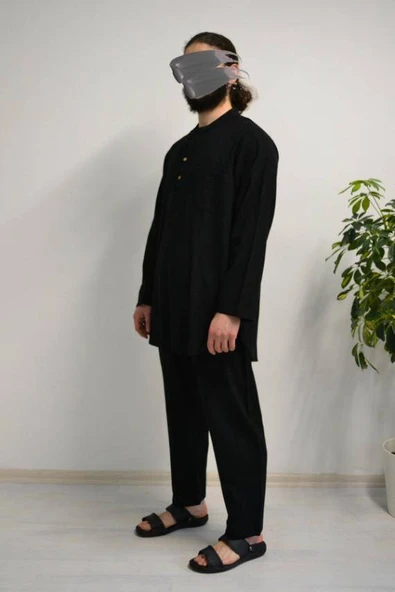 Afgan Model Pamuklu Keten Erkek Takım Siyah– Rahat Kalıp - Resim 4