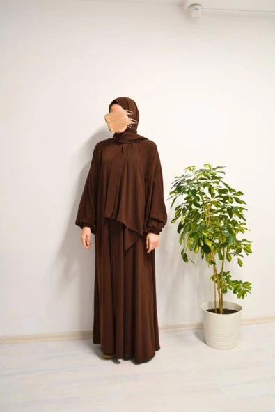 Medine İpeği Kendinden Şallı Ferace Kahverengi ürün görseli