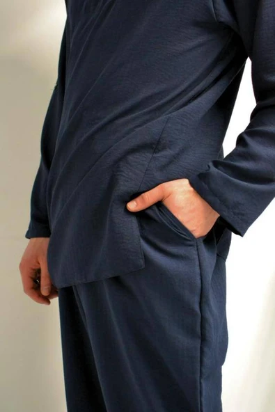 Hac ve Umre İçin Erkek Takım-Lastikli Pantolon&Dik Yaka Gömlek Lacivert - 3