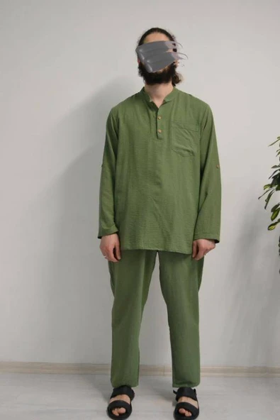 Erkek Pamuklu Aerobin Kumaş Hac ve Umre Takımı Yeşil -Bol Kesim-Rahat Kalıp ürün görseli