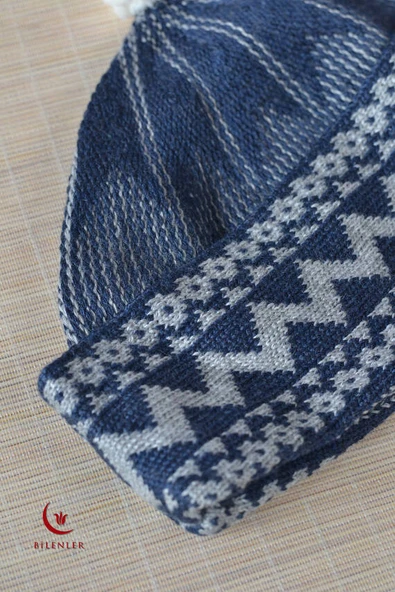 Kırçıllı Triko Örme Hacı Takkesi Mavi - Resim 3