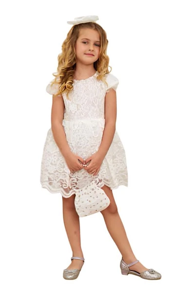 Kız Çocuk Üzeri Boydan Dantel Güpür İşlemeli Şeffaf Tüllü Sıfır Kol Beyaz Elbise ürün görseli