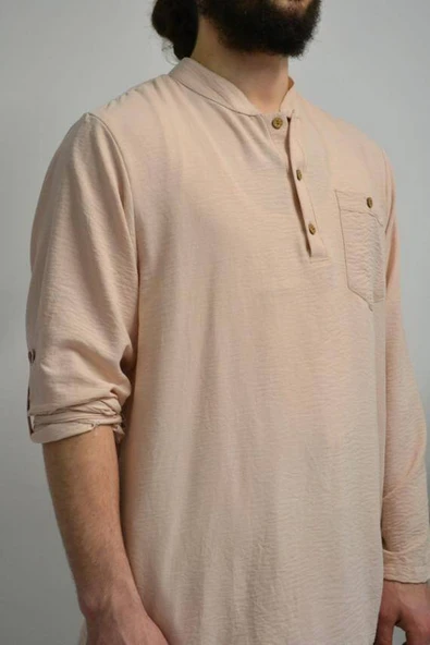 Erkek Pamuklu Aerobin Kumaş Hac ve Umre Takımı Bej -Bol Kesim-Rahat Kalıp - Resim 6