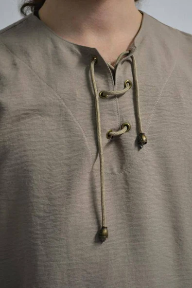 Hac ve Umre İçin Erkek Takım-Lastikli Pantolon&Dik Yaka Gömlek Vizon - 3