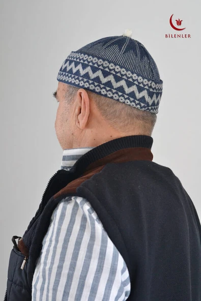 Kırçıllı Triko Örme Hacı Takkesi Mavi