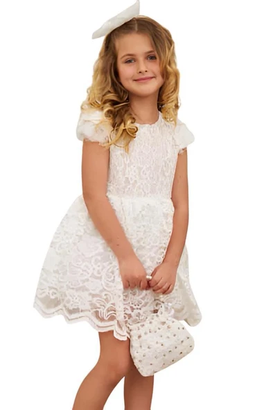 Kız Çocuk Üzeri Boydan Dantel Güpür İşlemeli Şeffaf Tüllü Sıfır Kol Beyaz Elbise - Resim 3