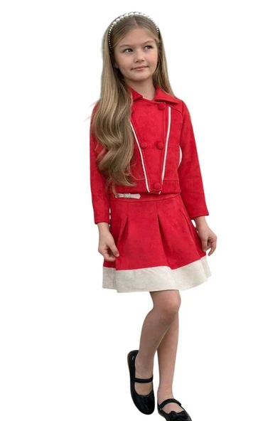 Kız Çocuk Asimetrik Kesim Gömlek Yaka Ceket Eteği Şerit Detaylı Pliseli Süet Kırmızı Etekli Takım - Resim 5