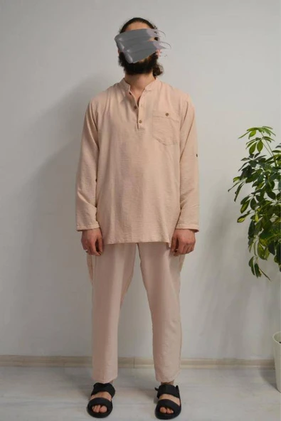 Erkek Pamuklu Aerobin Kumaş Hac ve Umre Takımı Bej -Bol Kesim-Rahat Kalıp ürün görseli