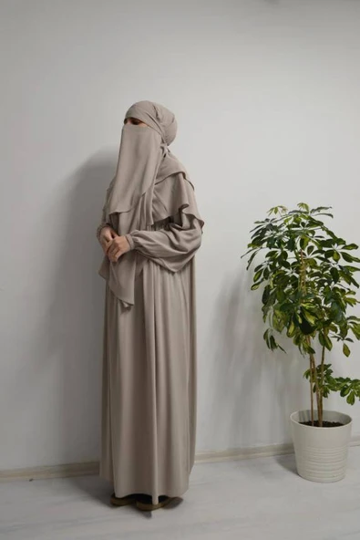 Medine İpeği Elbise- Sufle ve Peçe Takım Üç Parça Set Bej - Resim 2