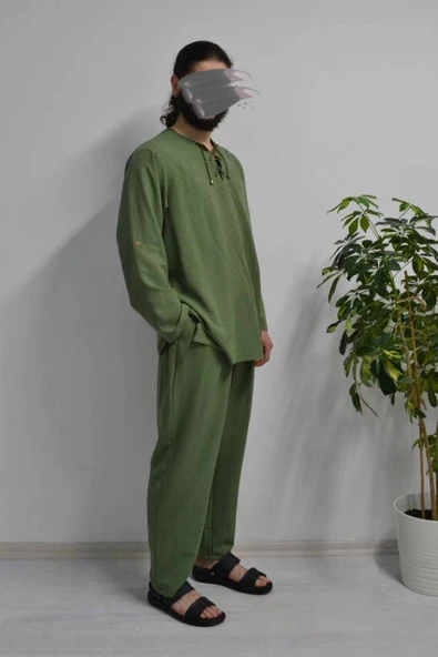 Hac ve Umre İçin Erkek Takım-Lastikli Pantolon&Dik Yaka Gömlek Yeşil - Resim 5