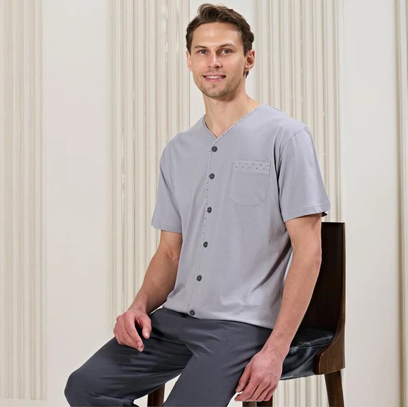 Over Sleep 1716 Erkek Kısa Kol Uzun Alt Yazlık Büyük Beden Pijama Takım