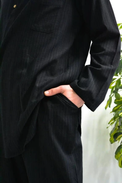 Afgan Model Pamuklu Keten Erkek Takım Siyah– Rahat Kalıp - Resim 2