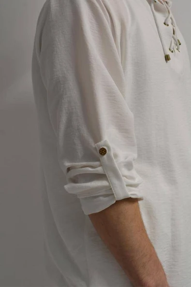 Hac ve Umre İçin Erkek Takım-Lastikli Pantolon&Dik Yaka Gömlek Beyaz - Resim 7