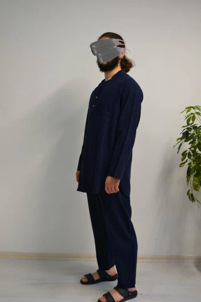 Afgan Model Pamuklu Keten Erkek Takım Lacivert– Rahat Kalıp - Resim 3