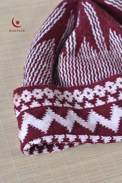 Kırçıllı Triko Örme Hacı Takkesi Bordo - Resim 3