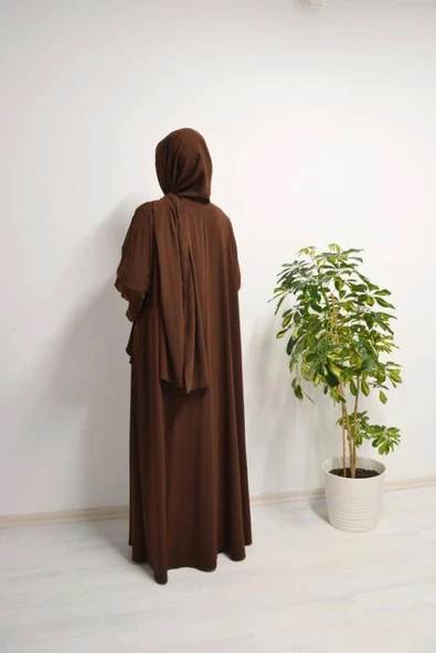 Medine İpeği Kendinden Şallı Ferace Kahverengi - Resim 6