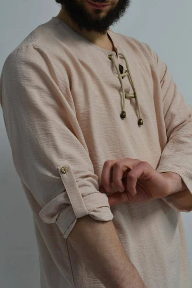 Hac ve Umre İçin Erkek Takım -Lastikli Pantolon&Dik Yaka Gömlek Bej - Resim 2