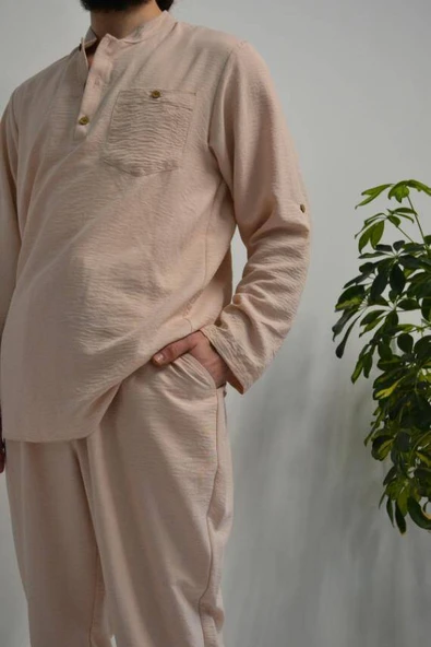 Erkek Pamuklu Aerobin Kumaş Hac ve Umre Takımı Bej -Bol Kesim-Rahat Kalıp - Resim 7