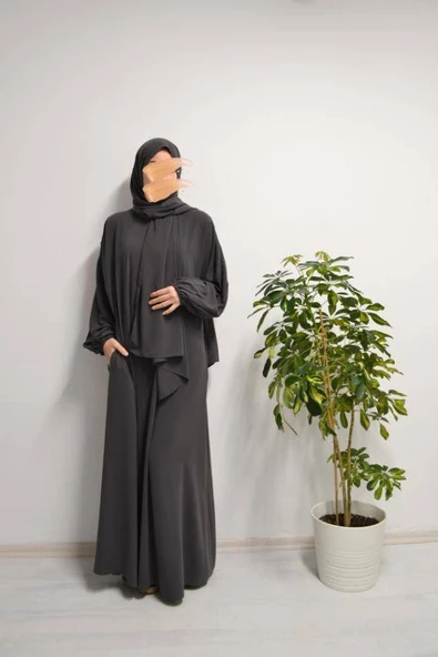 Medine İpeği Kendinden Şallı Ferace Füme ürün görseli