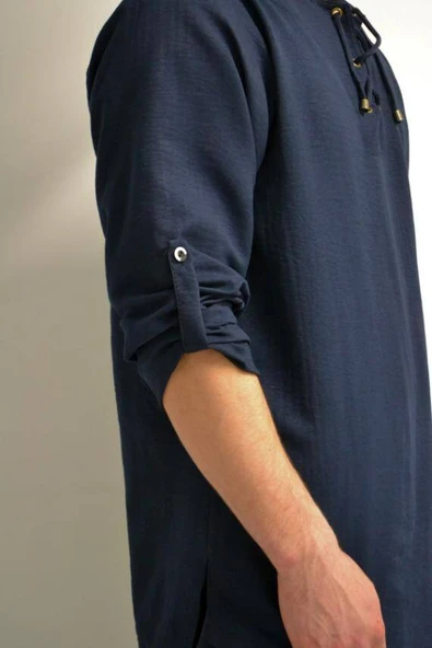 Hac ve Umre İçin Erkek Takım-Lastikli Pantolon&Dik Yaka Gömlek Lacivert - 2