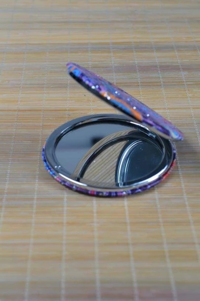 Cep Çanta Aynası, Makyaj Aynası Etnik Desenli Yuvarlak 7x7cm Model 2 - Resim 3