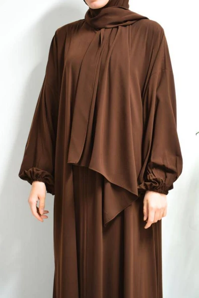 Medine İpeği Kendinden Şallı Ferace Kahverengi - Resim 4