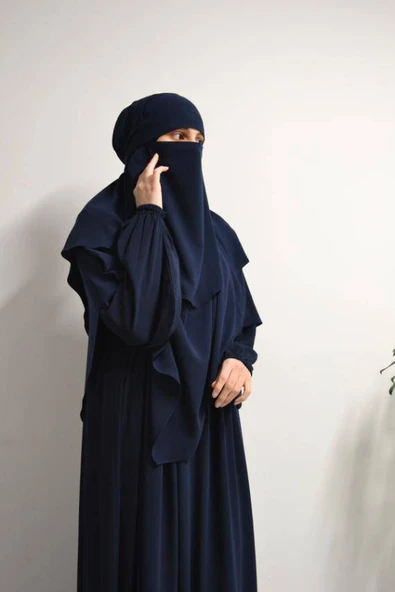 Medine İpeği Elbise- Sufle ve Peçe Takım Üç Parça Set Lacivert ürün görseli