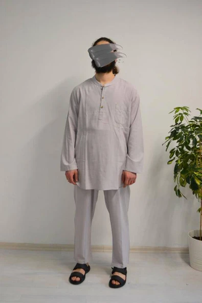 Afgan Model Pamuklu Keten Erkek Takım Gri– Rahat Kalıp ürün görseli