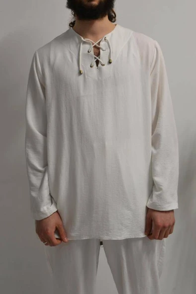 Hac ve Umre İçin Erkek Takım-Lastikli Pantolon&Dik Yaka Gömlek Beyaz - 5