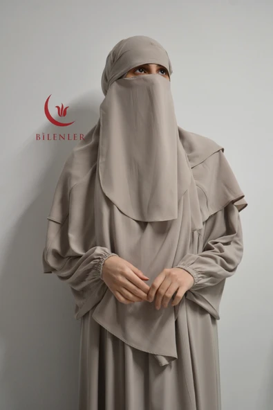 Medine İpeği Elbise- Sufle ve Peçe Takım Üç Parça Set Bej